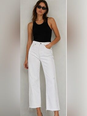 All Saints white distressed straight leg jeans w/raw hem & button fly - Size 26